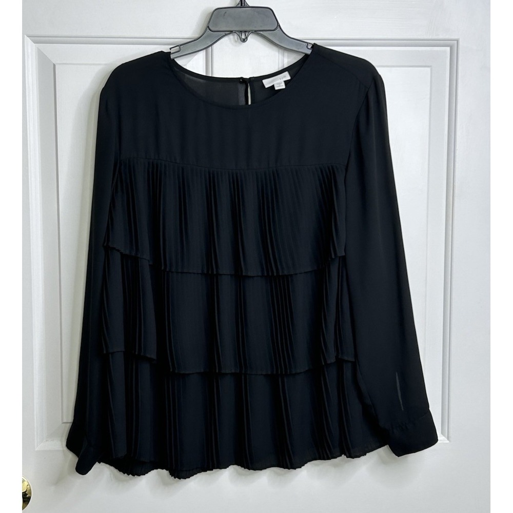 J Jill Tiered Pleated Blouse Women's 1X Black Career Wear Office Keyhole Button